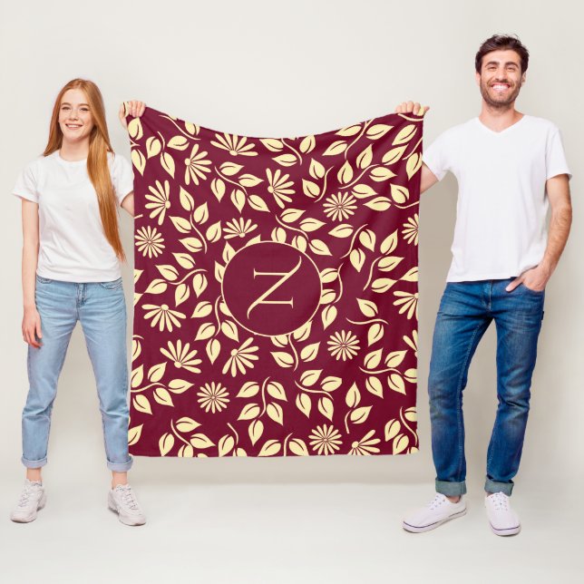 Elegant Monogram Leaf Daisy Pattern Burgundy Bath Fleece Blanket (In Situ)