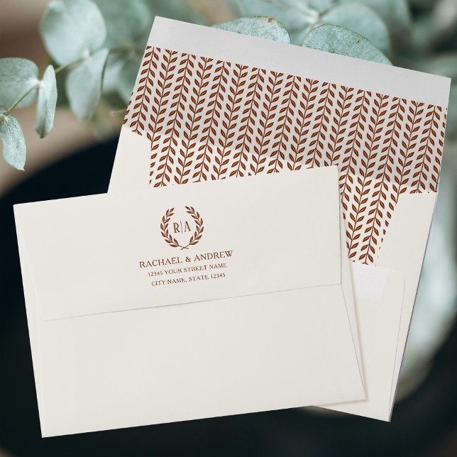 Elegant Monogram Leaf Terracotta Cream Wedding Envelope (Creator Uploaded)