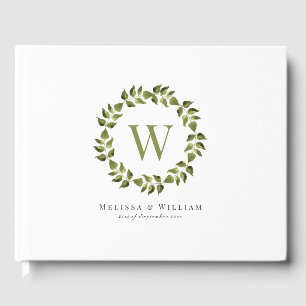 Elegant Monogram Leaf Wreath Greenery Wedding Guest Book