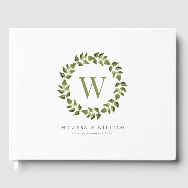 Elegant Monogram Leaf Wreath Greenery Wedding Guest Book (Front)
