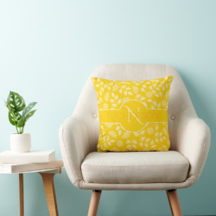 Elegant Monogram Leaves Daisies Custom Name Yellow Cushion