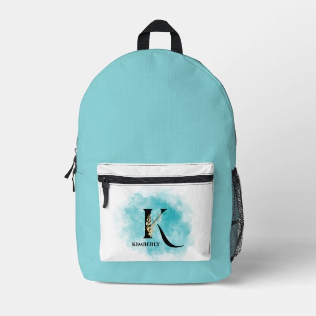 Elegant Monogram Letter K Teal Gold Flower  Printed Backpack (Front)