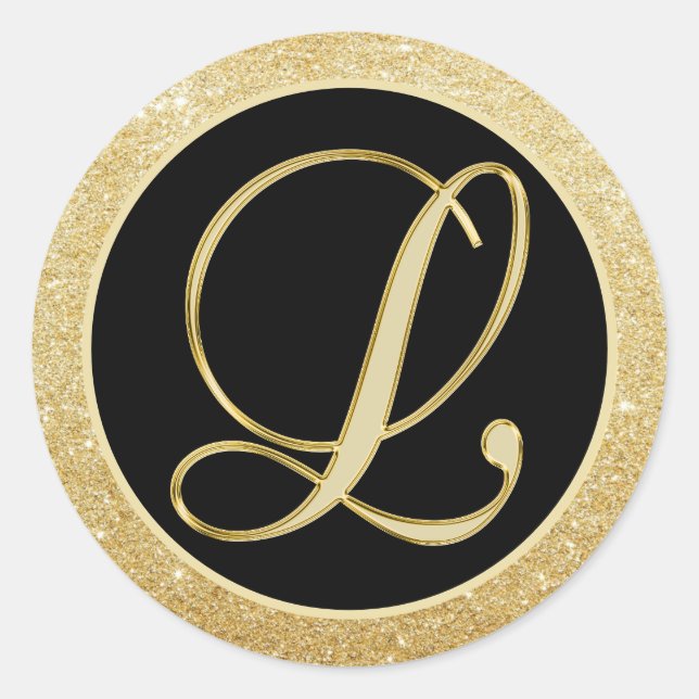 Elegant Monogram Letter L Black Gold Glitter Seals (Front)