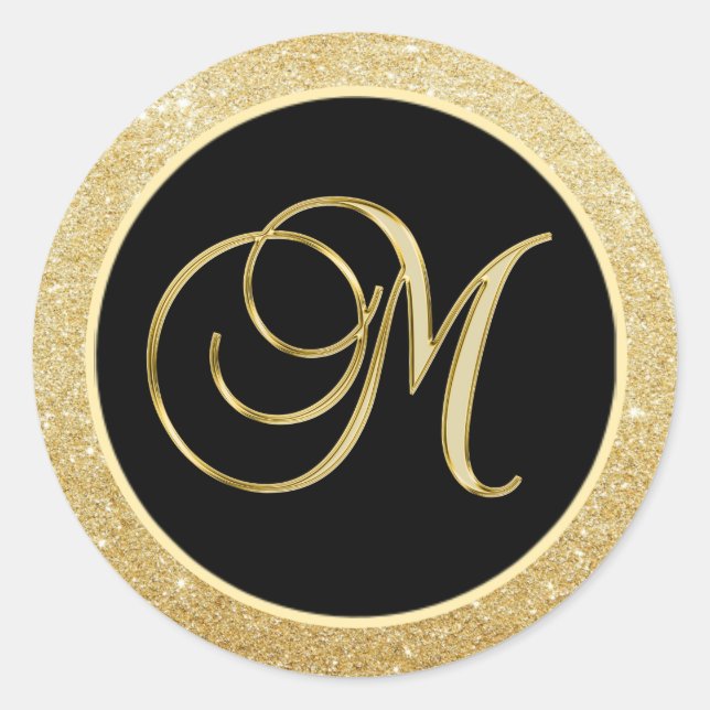 Elegant Monogram Letter M Black Gold Glitter Seals (Front)