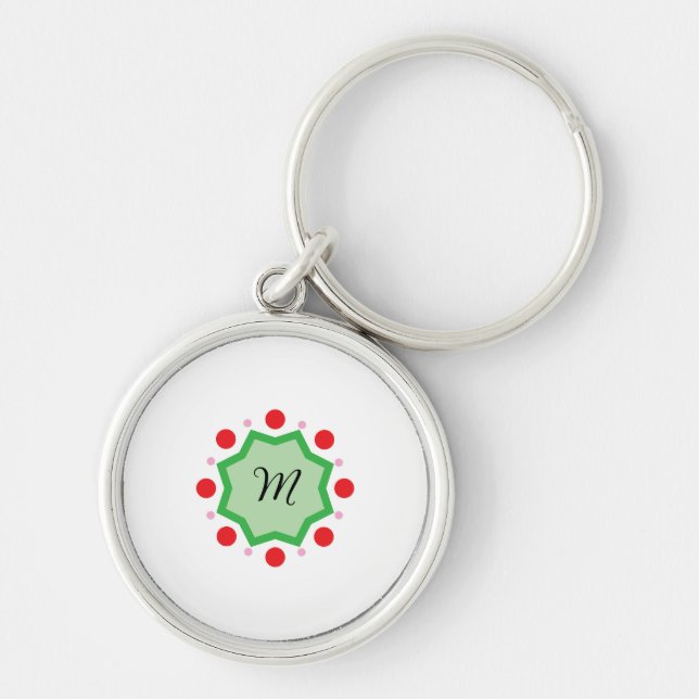 Elegant Monogram Letter M – Green Emblem with Red  Key Ring (Front)