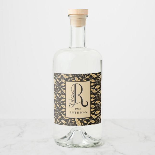 Elegant Monogram Letter R, Black & Gold Leaf Liquor Bottle Label (Front)