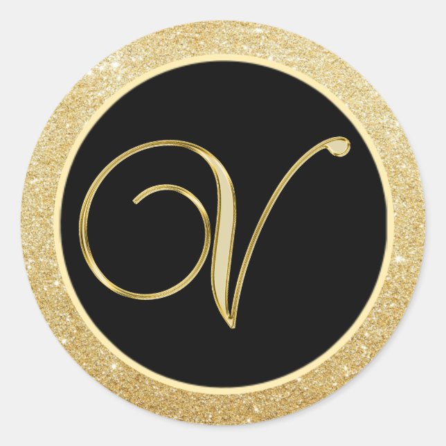 Elegant Monogram Letter V Black Gold Glitter Seals (Front)