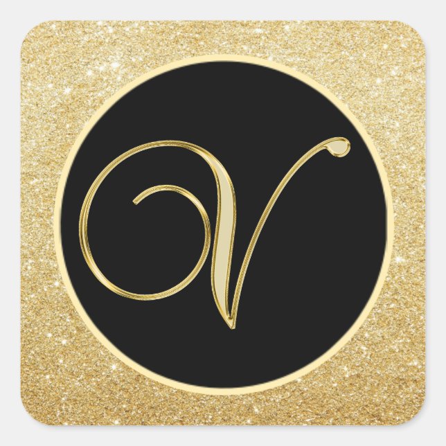 Elegant Monogram Letter V Black Gold Glitter Seals (Front)