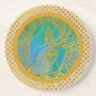 Elegant Monogram Letters Turquoise & Gold Glitter Coaster