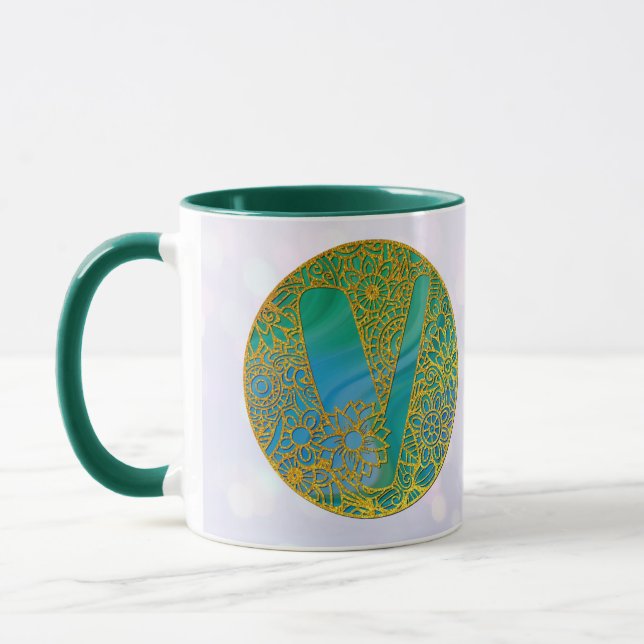 Elegant Monogram Letters Turquoise & Gold Glitter Mug (Left)