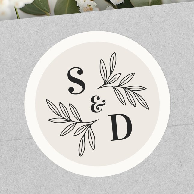 Elegant monogram light tan neutral ivory wedding classic round sticker (Elegant monogram light tan neutral ivory wedding classic round sticker)