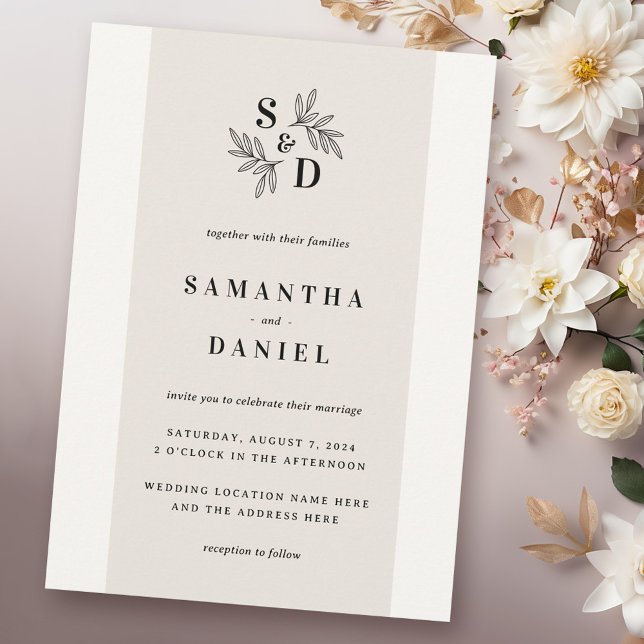 Elegant monogram light tan neutral ivory wedding invitation (Elegant monogram light tan neutral ivory wedding invitation)
