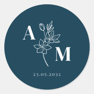 Elegant, Monogram, Line Art Flower, Weddings Classic Round Sticker