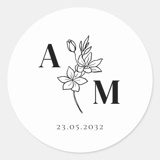 Elegant, Monogram, Line Art Flower, Weddings Classic Round Sticker (Front)