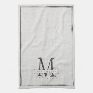 Elegant Monogram Linen Family Establish Year Tea Towel