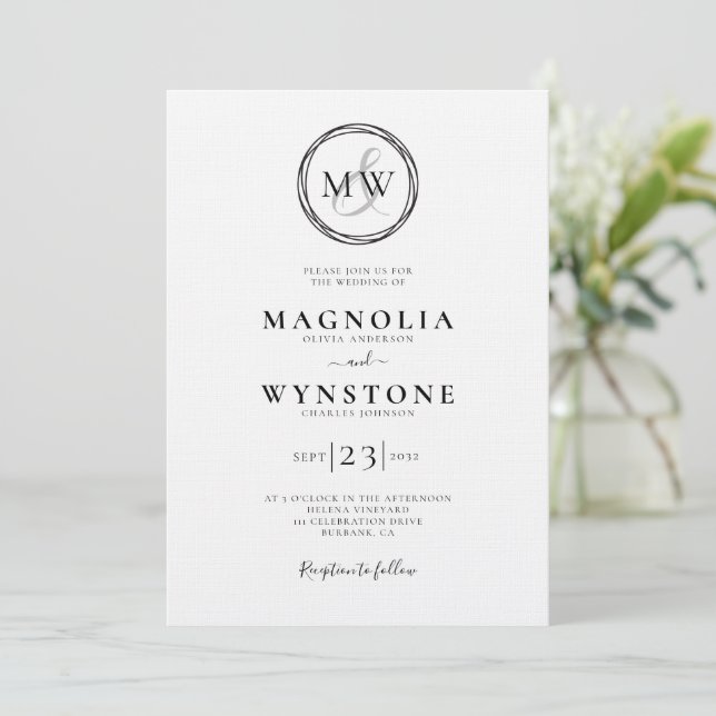 Elegant Monogram Linen Luxury Wedding Invitation (Standing Front)