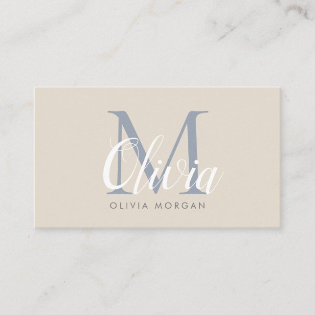 Elegant monogram logo beige blue professional  business card (Front)