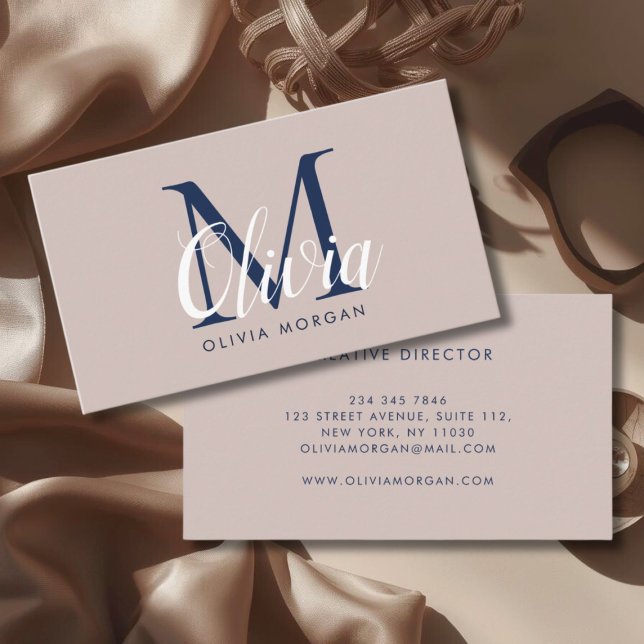 Elegant monogram logo beige blue professional business card (Creator Uploaded)