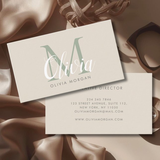 Elegant monogram logo beige green professional business card (Creator Uploaded)