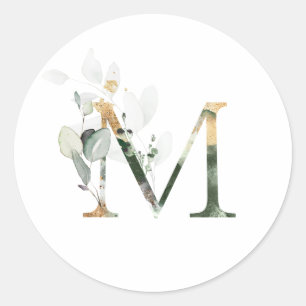 Elegant Monogram M Wedding Stationary Greenery Classic Round Sticker