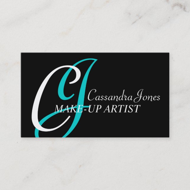 Elegant Monogram Make-up Artist Business Card Aqua (Front)
