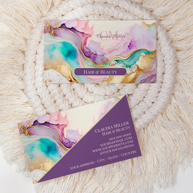 Elegant Monogram Marble Liquid Ink Business Card (feminine agate sparkle elegant business card)