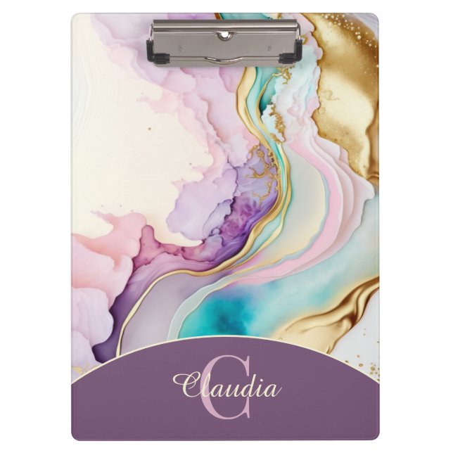 Elegant Monogram Marble Liquid Ink Clipboard (Front)