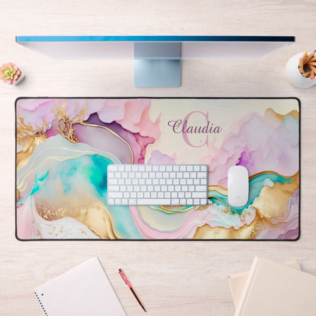 Elegant Monogram Marble Liquid Ink Desk Mat (Marple liquid ink desk mat)