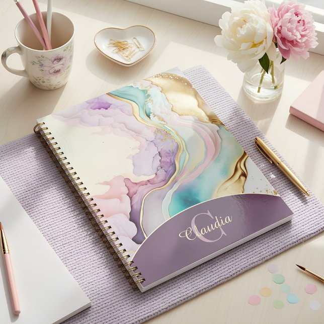 Elegant Monogram Marble Liquid Ink Planner (feminine notebook with name)