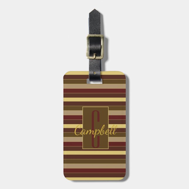 ELEGANT MONOGRAM MASCULINE BROWN STRIPE PATTERN LUGGAGE TAG (Front Vertical)