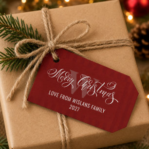 Elegant Monogram Merry Christmas Calligraphy Red Gift Tags