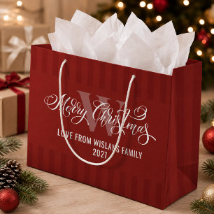 Elegant Monogram Merry Christmas Calligraphy Red Large Gift Bag