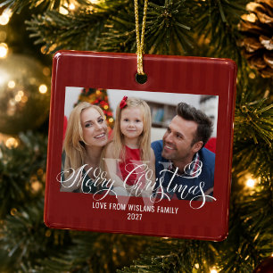 Elegant Monogram Merry Christmas Family Photo Ceramic Ornament