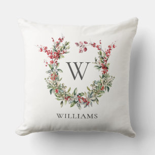 Elegant Monogram Merry Christmas Holiday Wreath Cushion