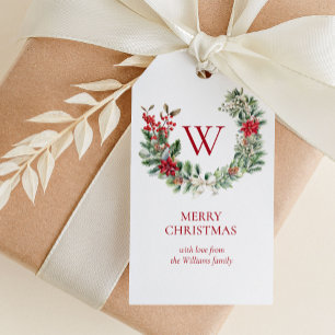 Elegant Monogram Merry Christmas Holiday Wreath Gift Tags