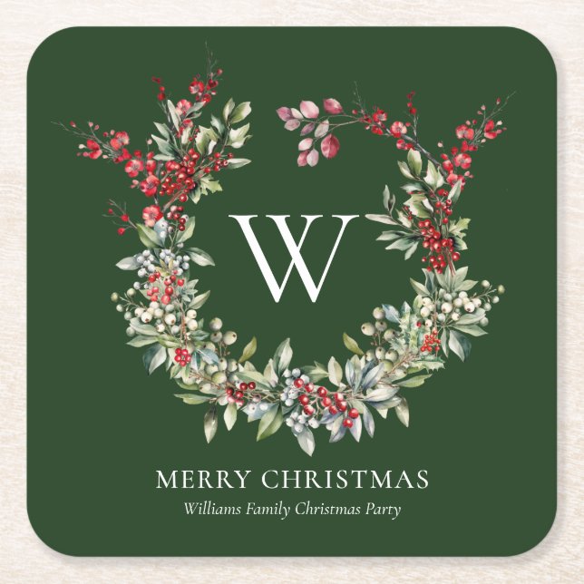 Elegant Monogram Merry Christmas Holiday Wreath Square Paper Coaster (Front)