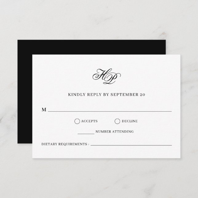 Elegant Monogram Minimal Black & White Wedding RSVP Card (Front/Back)