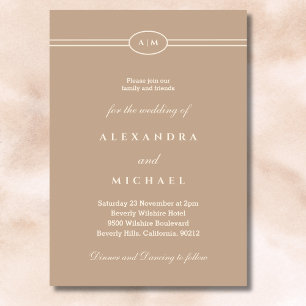 Elegant Monogram Minimalist Cream Taupe Wedding Invitation