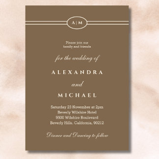 Elegant Monogram Minimalist Cream Taupe Wedding  Invitation