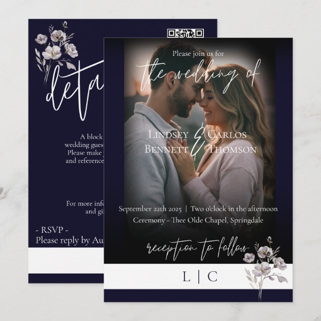 Elegant monogram minimalist dark navy calligraphy  invitation (Front/Back)