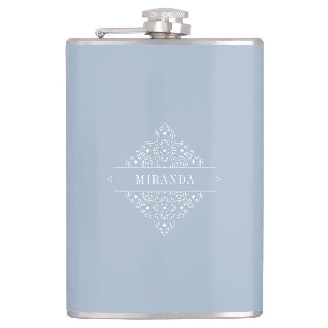 Elegant Monogram Minimalist Dusty Blue Classy Hip Flask (Front)