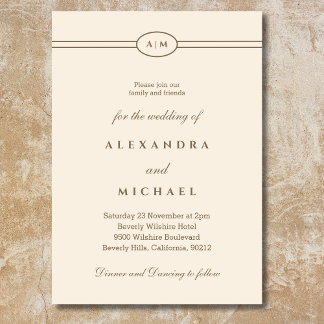 Elegant Monogram Minimalist Taupe Cream Wedding  Invitation