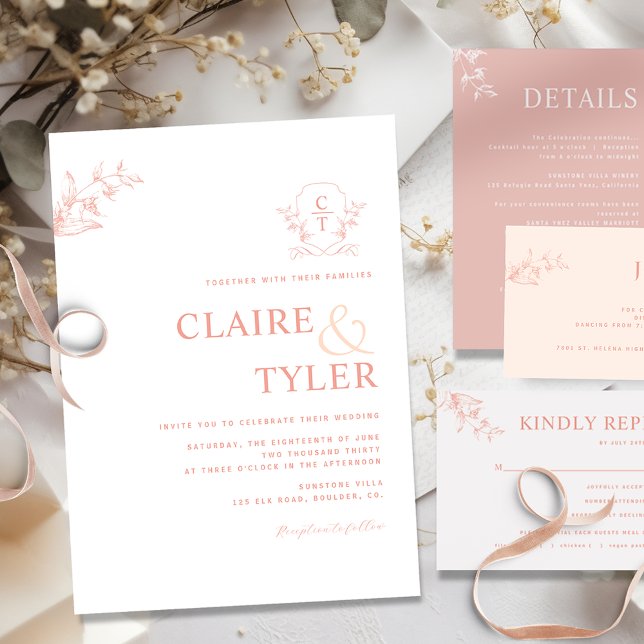 Elegant Monogram Modern Blush Pink, Peach Wedding Invitation (Creator Uploaded)