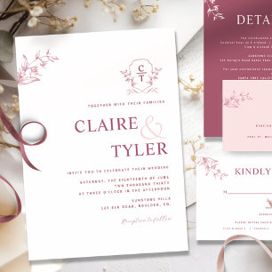 Elegant Monogram Modern Burgundy, Pink Wedding Invitation