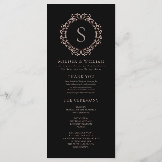 Elegant Monogram Modern Classic Black Wedding Programme (Front)