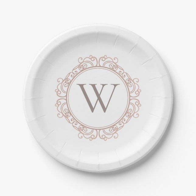 Elegant Monogram Modern Classic Ivory Blush Paper Plate (Front)