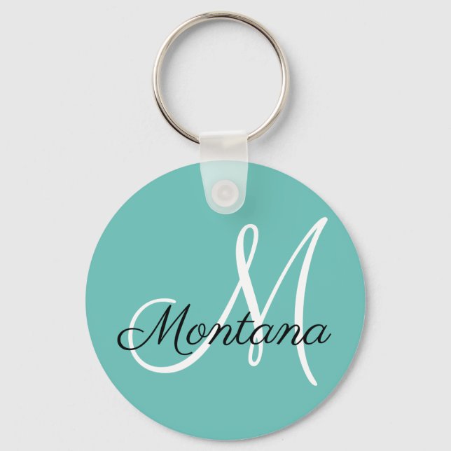 Elegant Monogram Modern Green Blue White Key Ring (Front)
