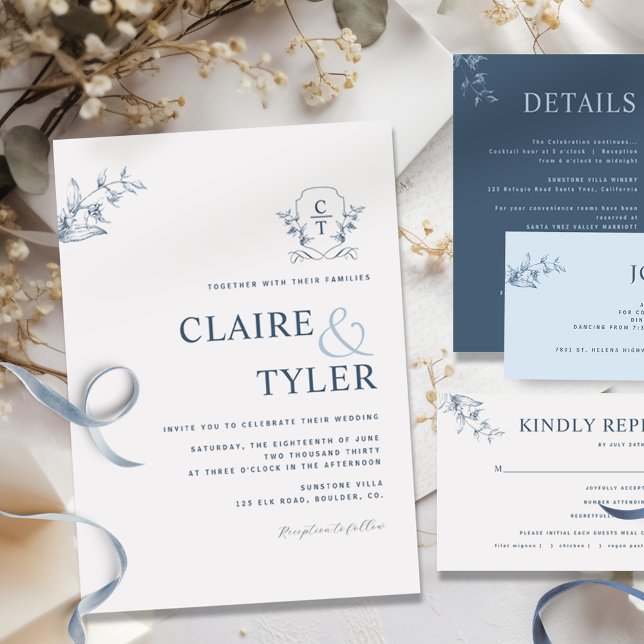 Elegant Monogram Modern Minimal Blue Wedding Invit Invitation (Creator Uploaded)