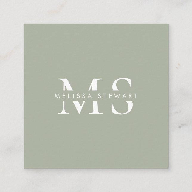 Elegant monogram modern sage green professional square business card (Front)