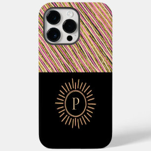 Elegant Monogram Modern Stripes Yellow Gold Black iPhone 14 Pro Max Case